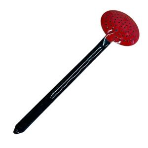 Vintage Enamel Metal Skimmer Red White Strainer Ladle Kitchen Utensil 14.25 inch